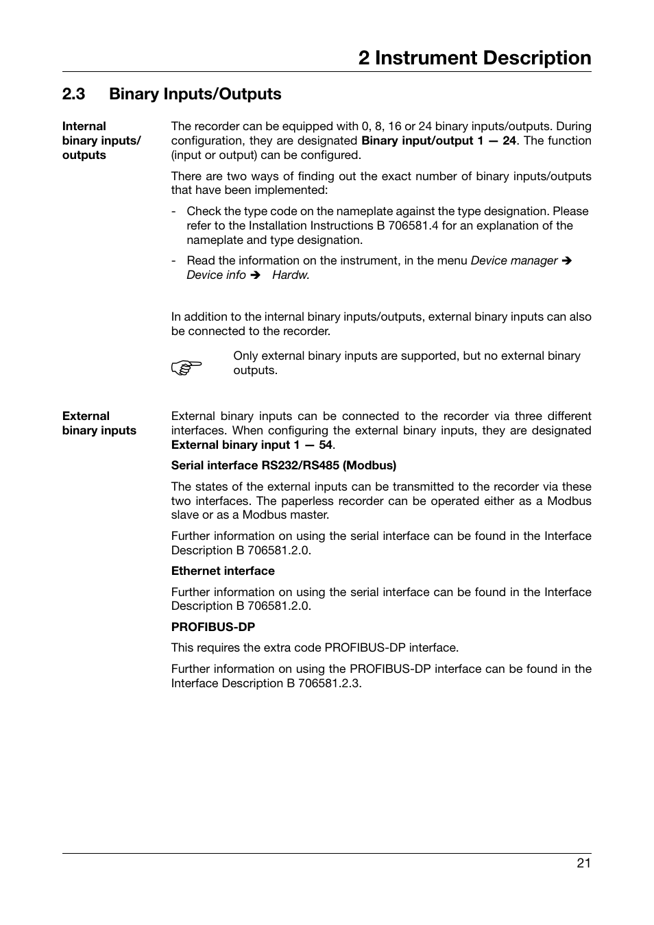 3 binary inputs/outputs, Binary inputs/outputs, 2 instrument description | JUMO 706581 LOGOSCREEN nt Operating Manual User Manual | Page 21 / 224
