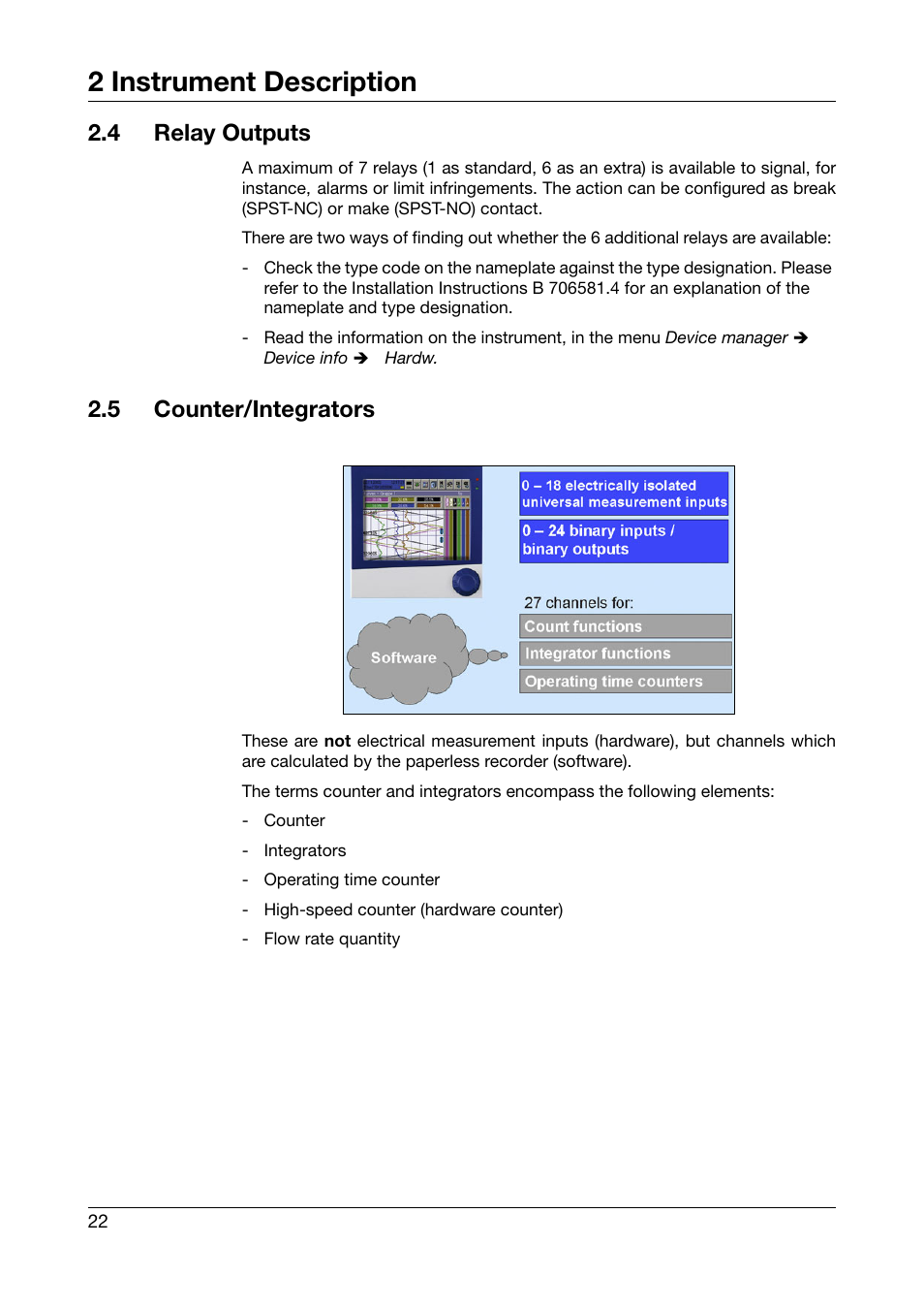 4 relay outputs, 5 counter/integrators, Relay outputs | Counter/integrators, 2 instrument description | JUMO 706581 LOGOSCREEN nt Operating Manual User Manual | Page 22 / 224