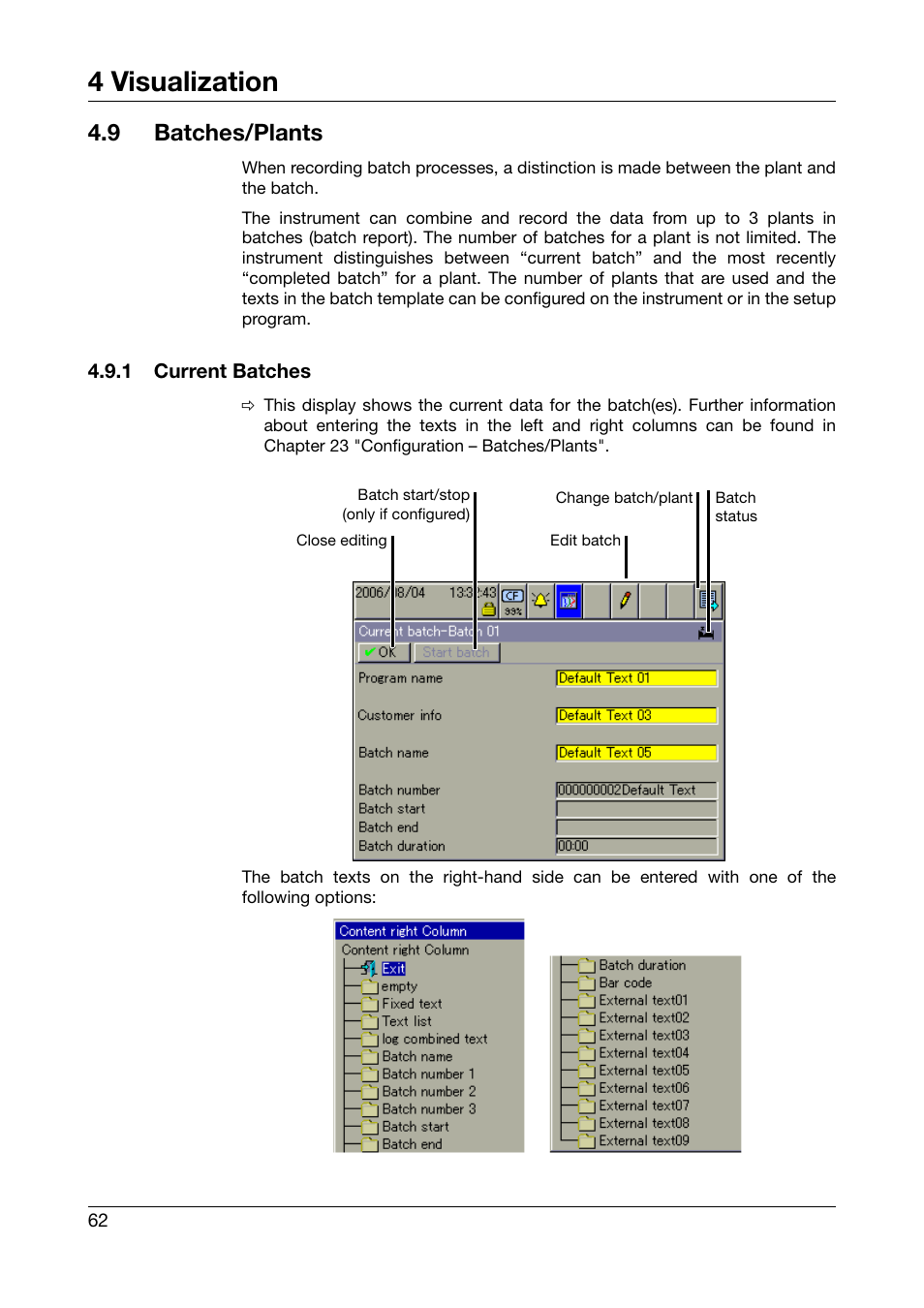 9 batches/plants, 1 current batches, Batches/plants | Current batches, Chapter 4.9, 4 visualization | JUMO 706581 LOGOSCREEN nt Operating Manual User Manual | Page 62 / 224