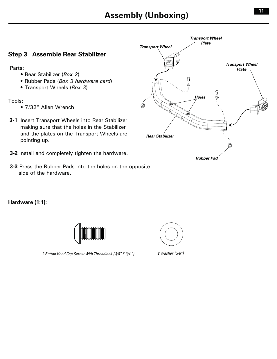 Assembly (unboxing), Step 3 assemble rear stabilizer | Bowflex RevolutionXP User Manual | Page 11 / 32