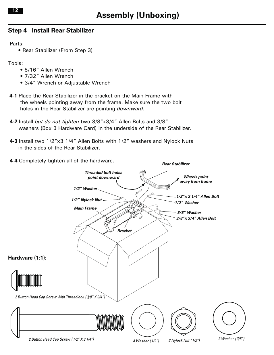 Assembly (unboxing), Step 4 install rear stabilizer | Bowflex RevolutionXP User Manual | Page 12 / 32