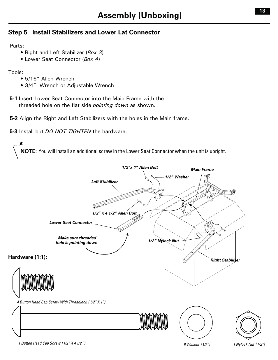 Assembly (unboxing), Step 5 install stabilizers and lower lat connector | Bowflex RevolutionXP User Manual | Page 13 / 32