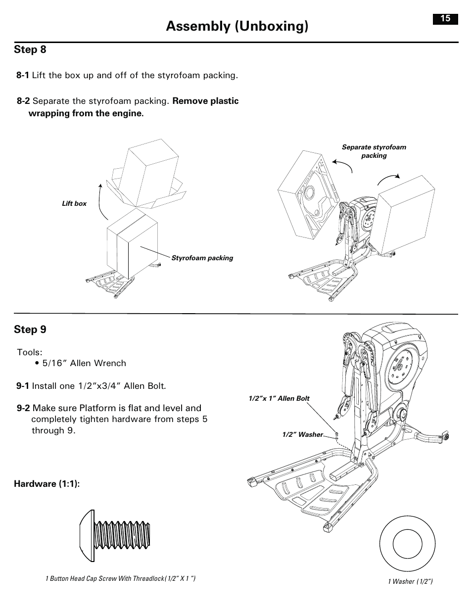 Assembly (unboxing), Step 8, Step 9 | Bowflex RevolutionXP User Manual | Page 15 / 32