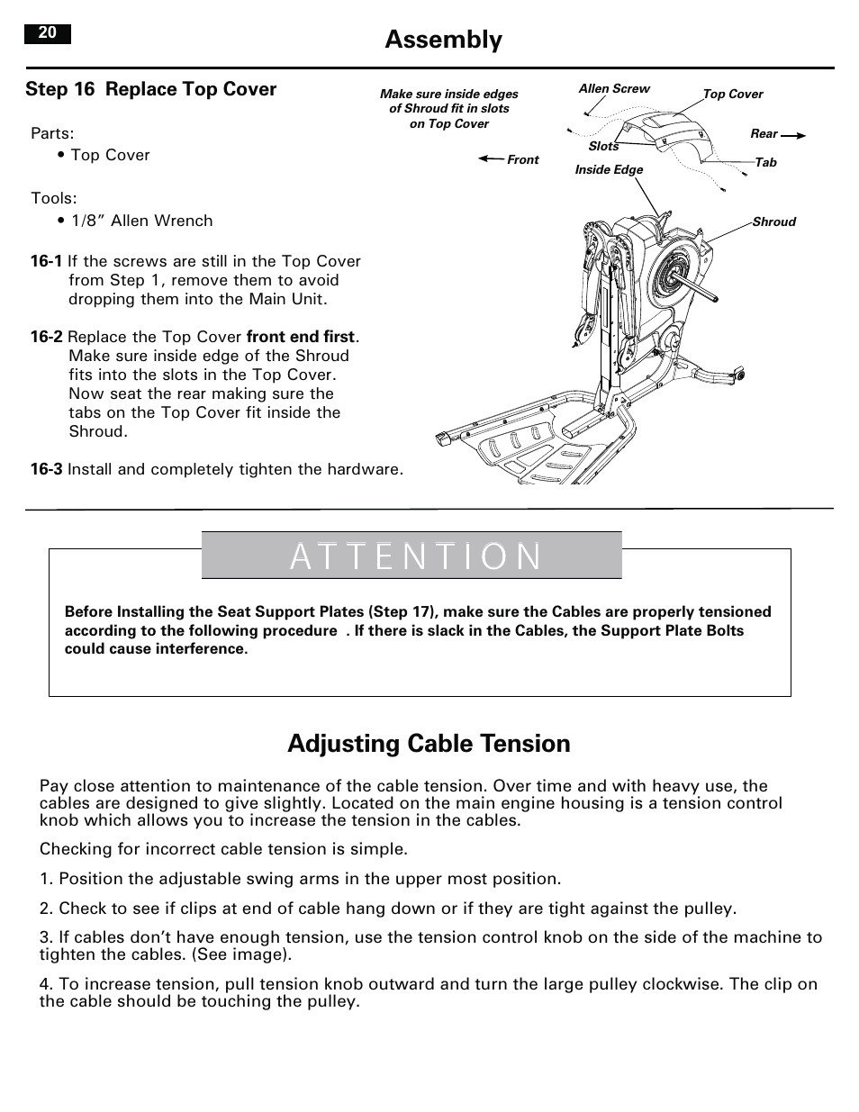 Assembly, Adjusting cable tension | Bowflex RevolutionXP User Manual | Page 20 / 32