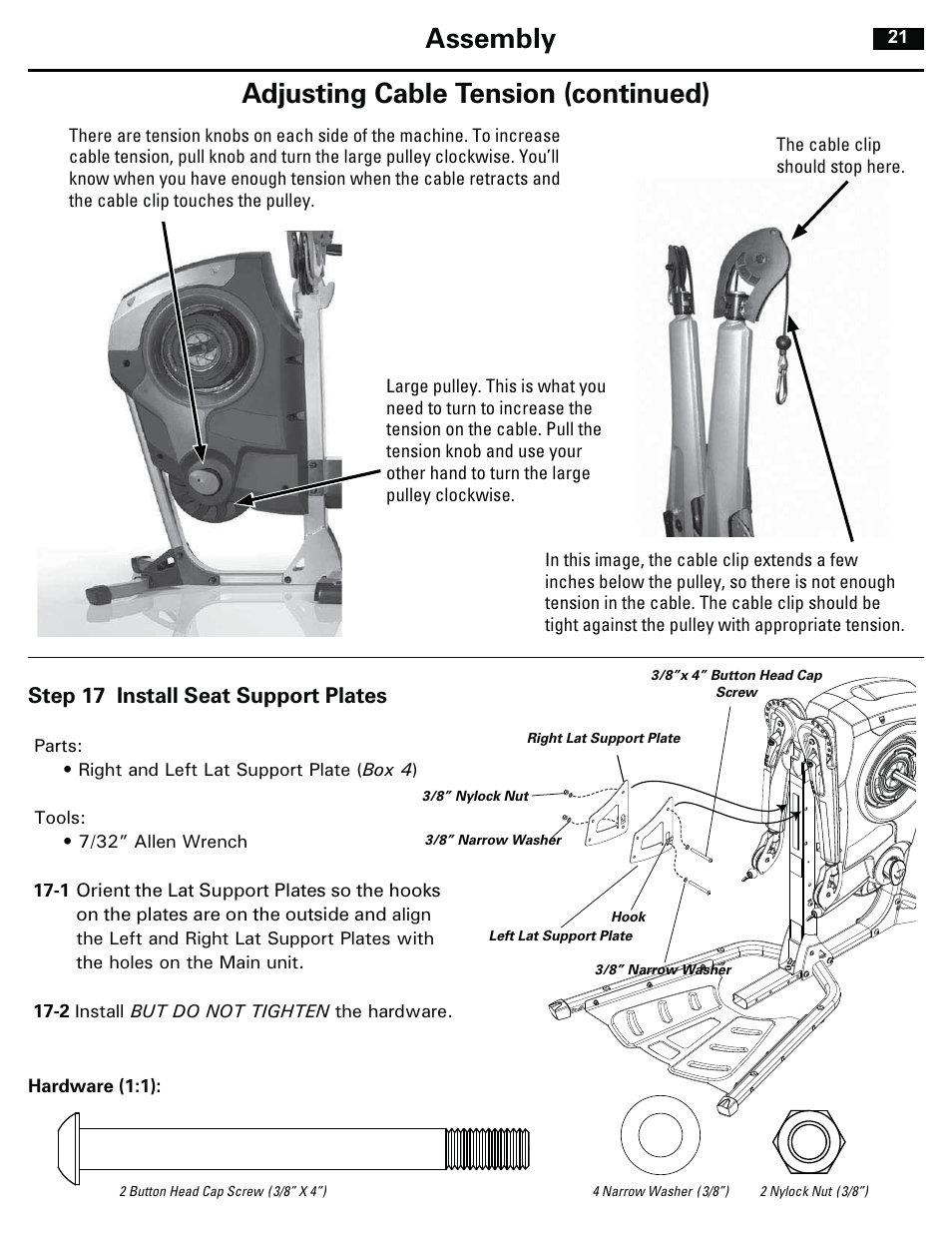 Assembly adjusting cable tension (continued), Step 17 install seat support plates | Bowflex RevolutionXP User Manual | Page 21 / 32