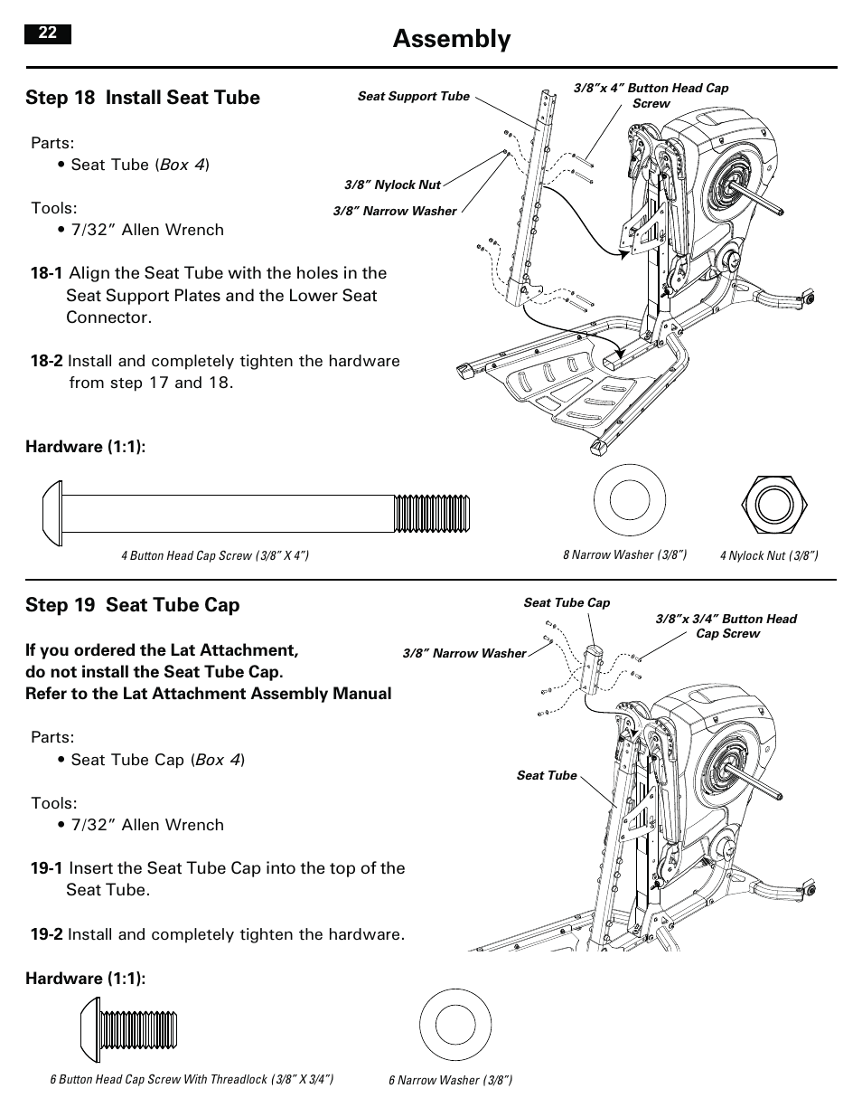 Assembly, Step 18 install seat tube, Step 19 seat tube cap | Bowflex RevolutionXP User Manual | Page 22 / 32