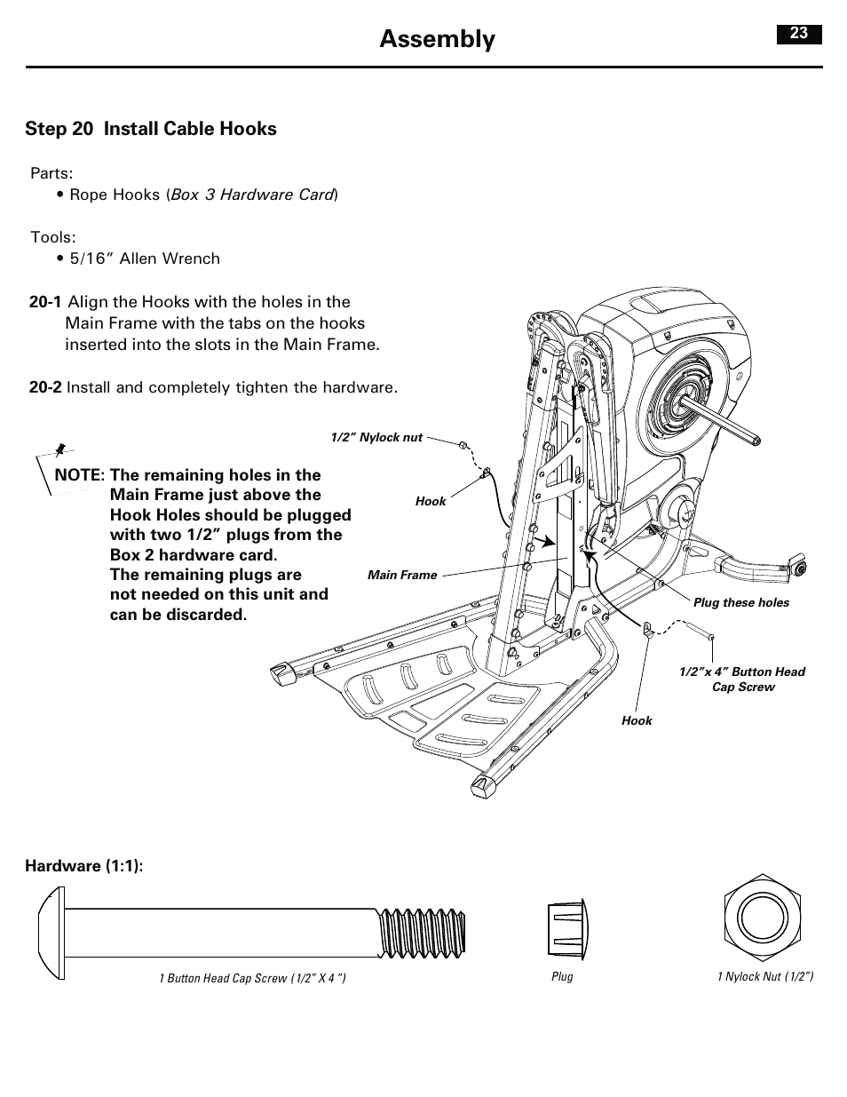 Assembly, Step 20 install cable hooks | Bowflex RevolutionXP User Manual | Page 23 / 32