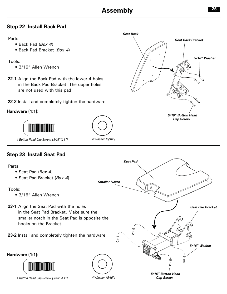 Assembly, Step 22 install back pad, Step 23 install seat pad | Bowflex RevolutionXP User Manual | Page 25 / 32