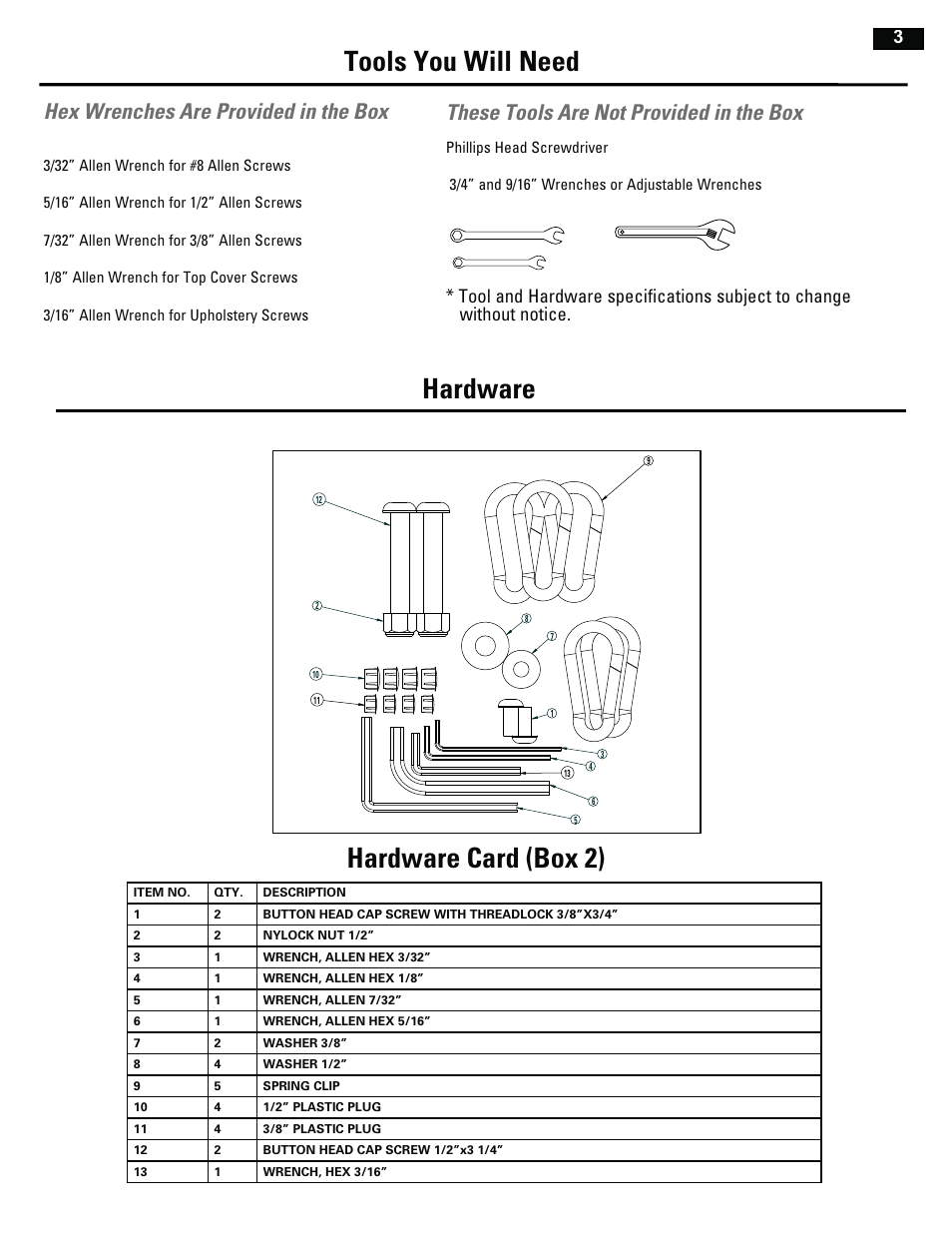 Tools you will need hardware card (box 2), Hardware, These tools are not provided in the box | Hex wrenches are provided in the box | Bowflex RevolutionXP User Manual | Page 3 / 32