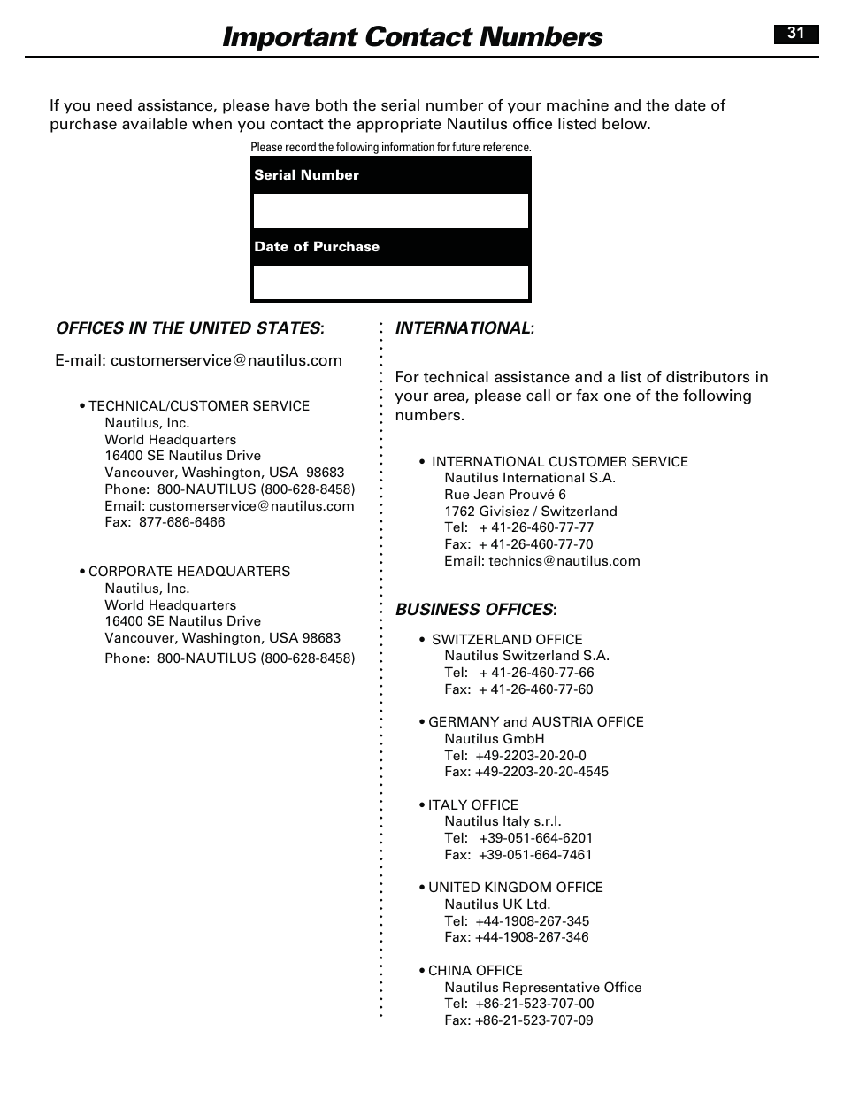 Important contact numbers | Bowflex RevolutionXP User Manual | Page 31 / 32