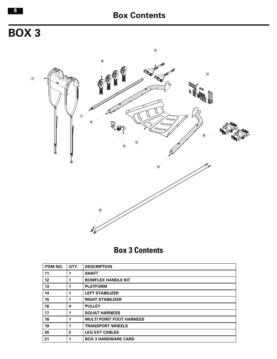 Box 3, Box contents, Box 3 contents | Bowflex RevolutionXP User Manual | Page 8 / 32