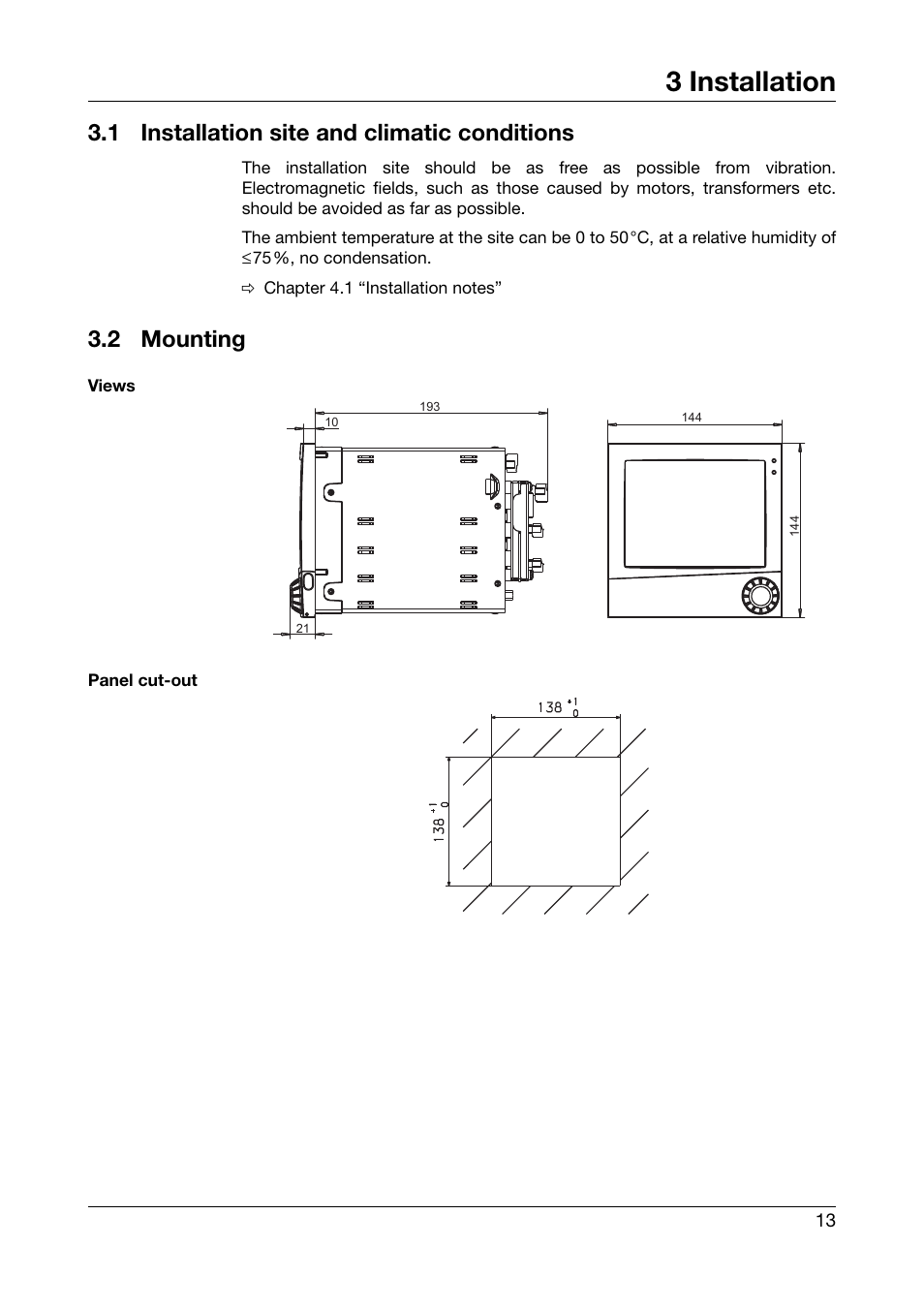 3 installation, 1 installation site and climatic conditions, 2 mounting | Installation, Installation site and climatic conditions, Mounting | JUMO 706581 LOGOSCREEN nt Paperless Recorder with TFT display, CompactFlash Installation Instructions User Manual | Page 13 / 36
