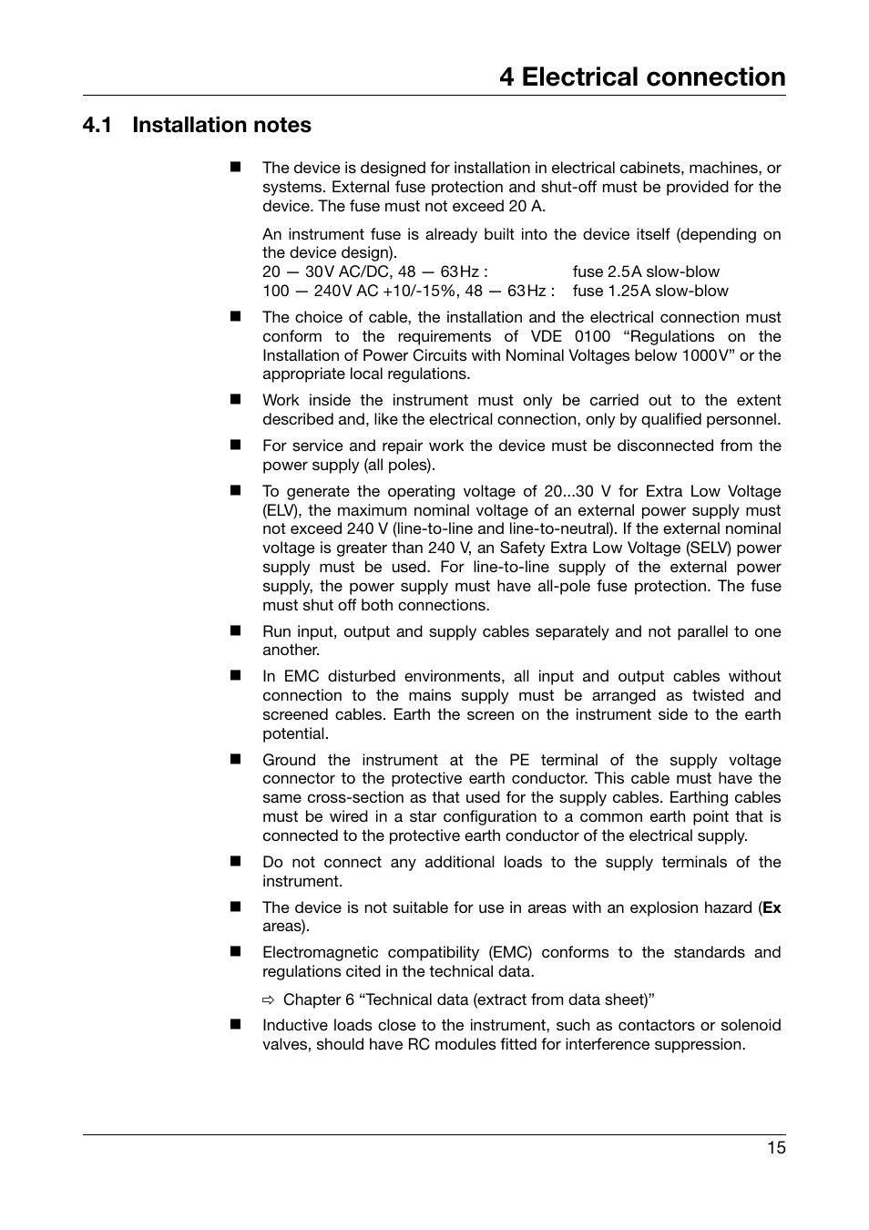 4 electrical connection, 1 installation notes, Electrical connection | Installation notes | JUMO 706581 LOGOSCREEN nt Paperless Recorder with TFT display, CompactFlash Installation Instructions User Manual | Page 15 / 36