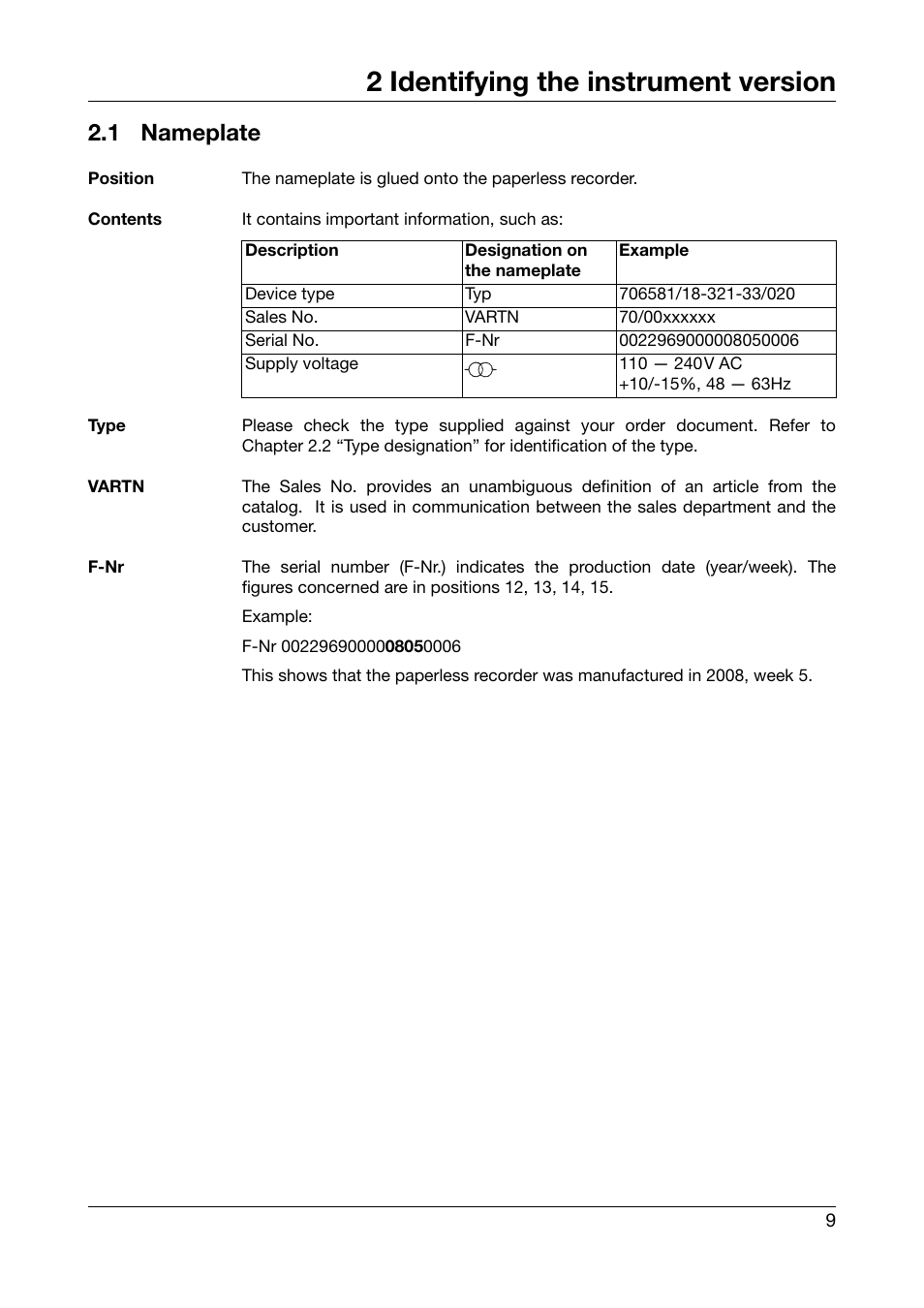 2 identifying the instrument version, 1 nameplate, Identifying the instrument version | Nameplate | JUMO 706581 LOGOSCREEN nt Paperless Recorder with TFT display, CompactFlash Installation Instructions User Manual | Page 9 / 36