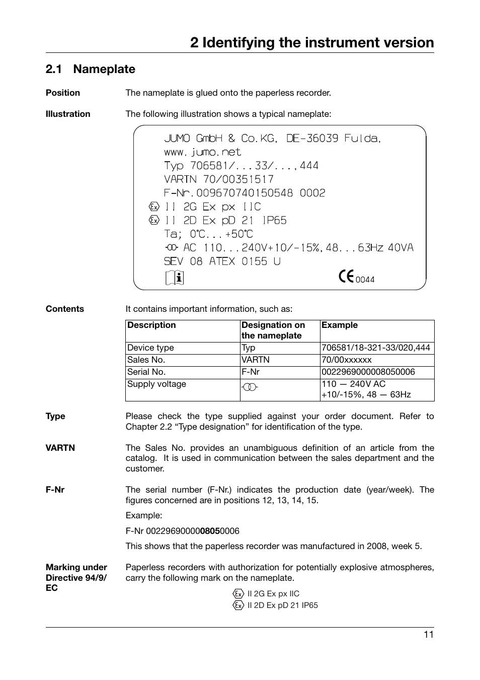 2 identifying the instrument version, 1 nameplate, Identifying the instrument version | Nameplate | JUMO 706581 LOGOSCREEN nt stainless steel front Installation Instructions User Manual | Page 11 / 48