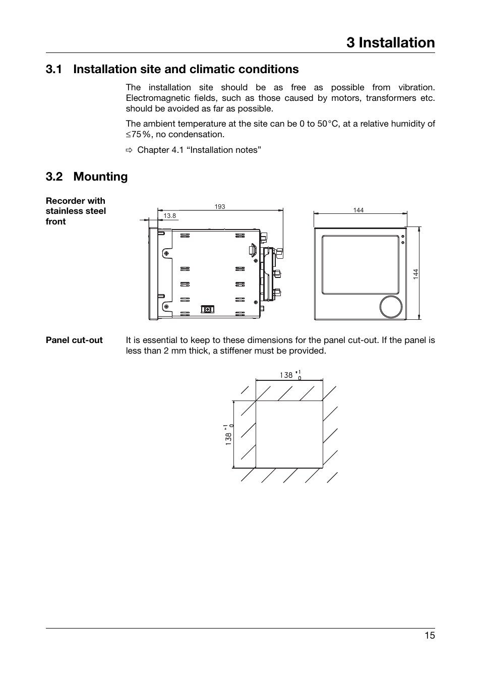 3 installation, 1 installation site and climatic conditions, 2 mounting | Installation, Installation site and climatic conditions, Mounting | JUMO 706581 LOGOSCREEN nt stainless steel front Installation Instructions User Manual | Page 15 / 48