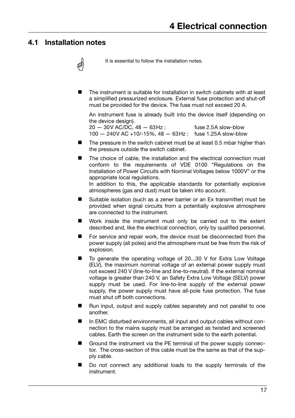 4 electrical connection, 1 installation notes, Electrical connection | Installation notes | JUMO 706581 LOGOSCREEN nt stainless steel front Installation Instructions User Manual | Page 17 / 48