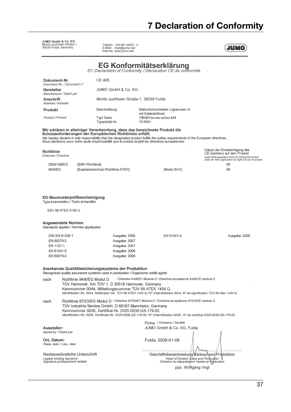 7 declaration of conformity, Declaration of conformity | JUMO 706581 LOGOSCREEN nt stainless steel front Installation Instructions User Manual | Page 37 / 48