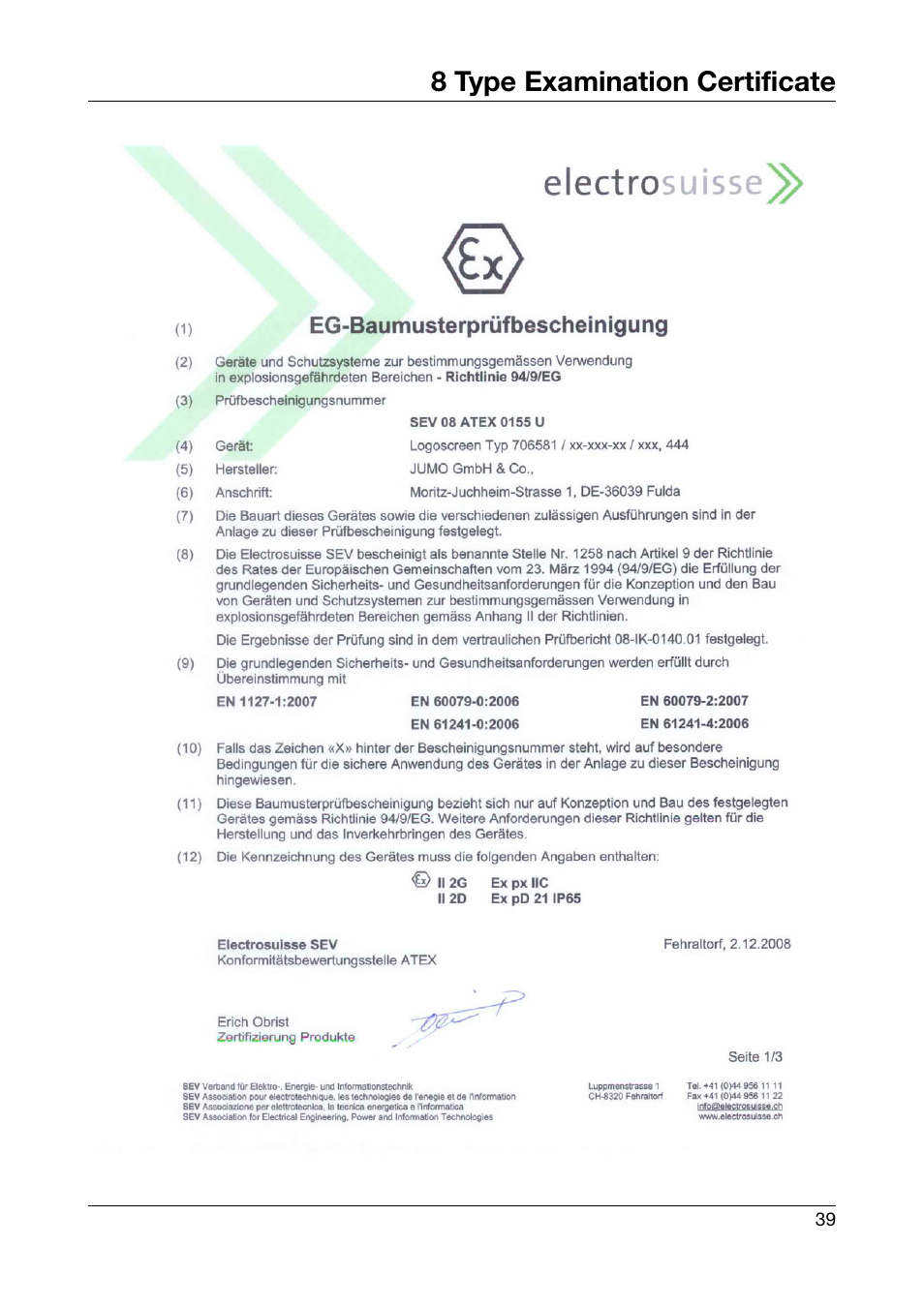 8 type examination certificate, Type examination certificate | JUMO 706581 LOGOSCREEN nt stainless steel front Installation Instructions User Manual | Page 39 / 48