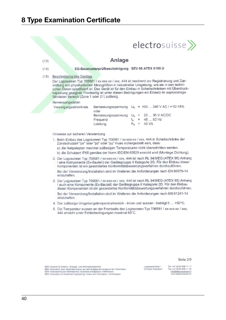 8 type examination certificate | JUMO 706581 LOGOSCREEN nt stainless steel front Installation Instructions User Manual | Page 40 / 48