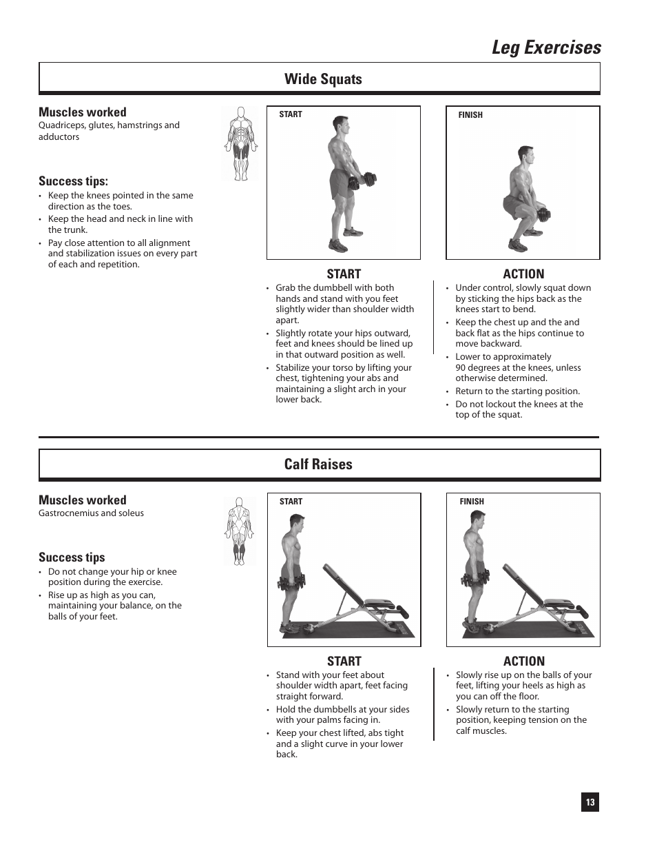 Leg exercises, Wide squats, Calf raises | Bowflex SelectTech 220 Dumbells User Manual | Page 15 / 36