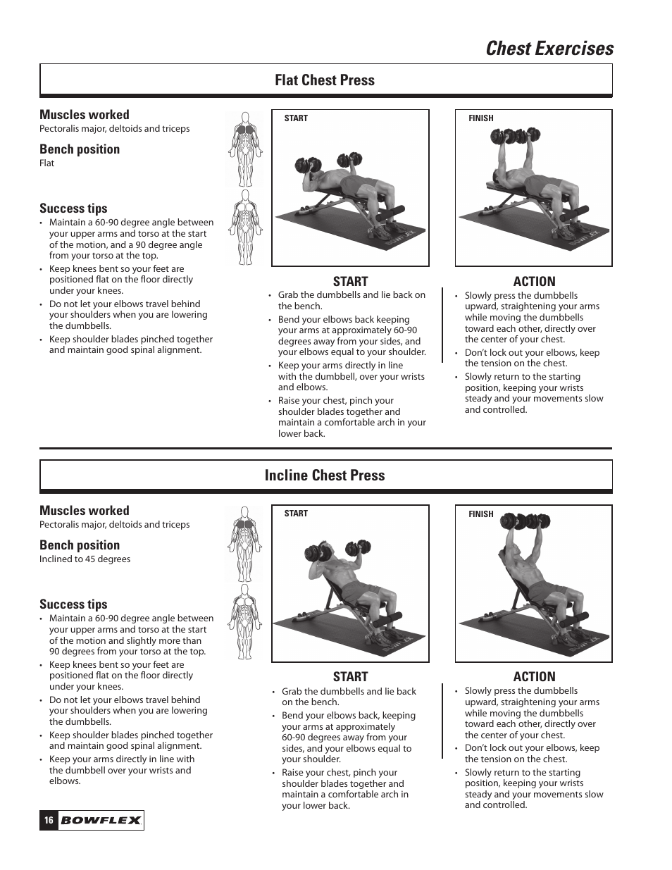 Chest exercises, Flat chest press incline chest press | Bowflex SelectTech 220 Dumbells User Manual | Page 18 / 36