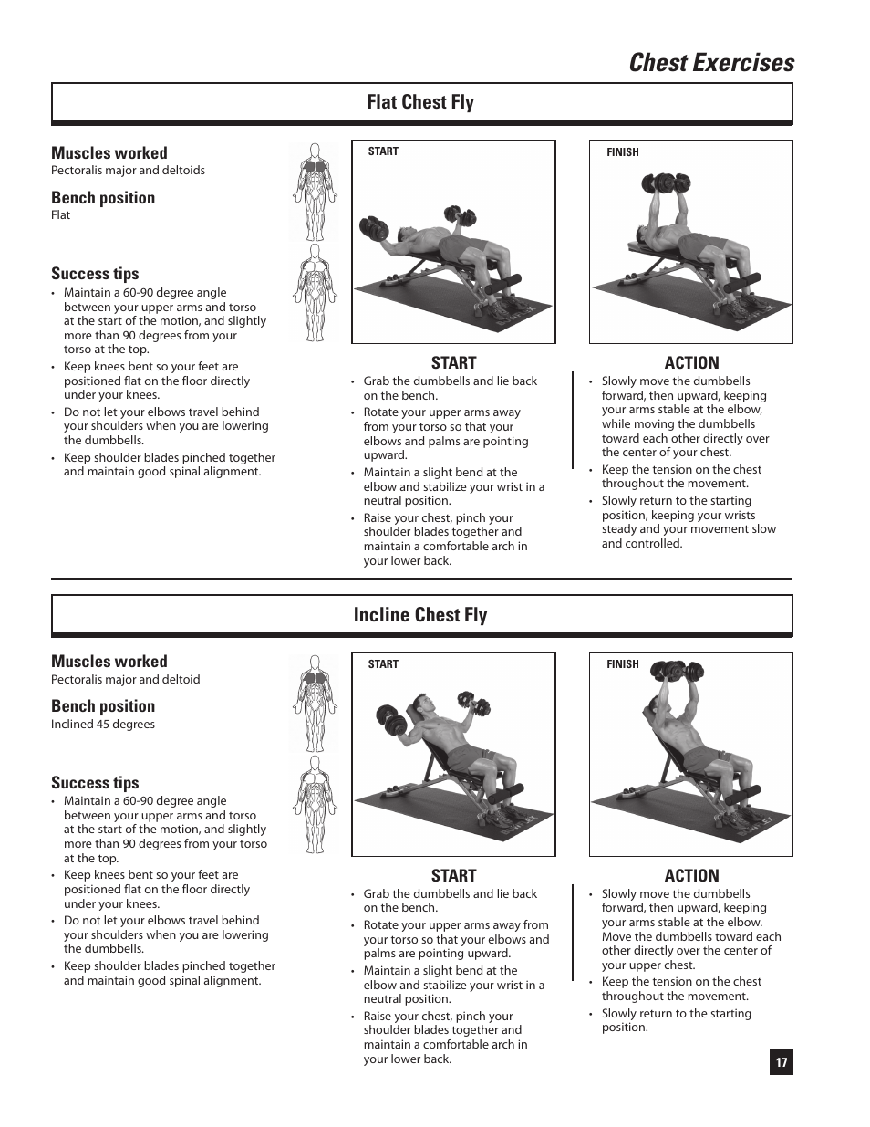 Chest exercises, Flat chest fly incline chest fly | Bowflex SelectTech 220 Dumbells User Manual | Page 19 / 36