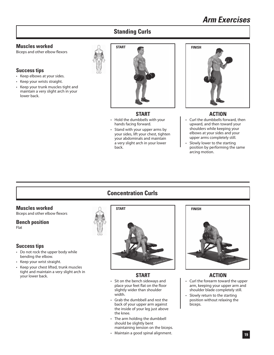 Arm exercises, Standing curls concentration curls | Bowflex SelectTech 220 Dumbells User Manual | Page 21 / 36