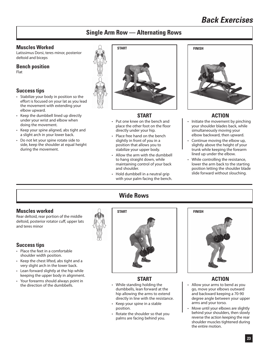 Back exercises, Single arm row — alternating rows wide rows | Bowflex SelectTech 220 Dumbells User Manual | Page 25 / 36