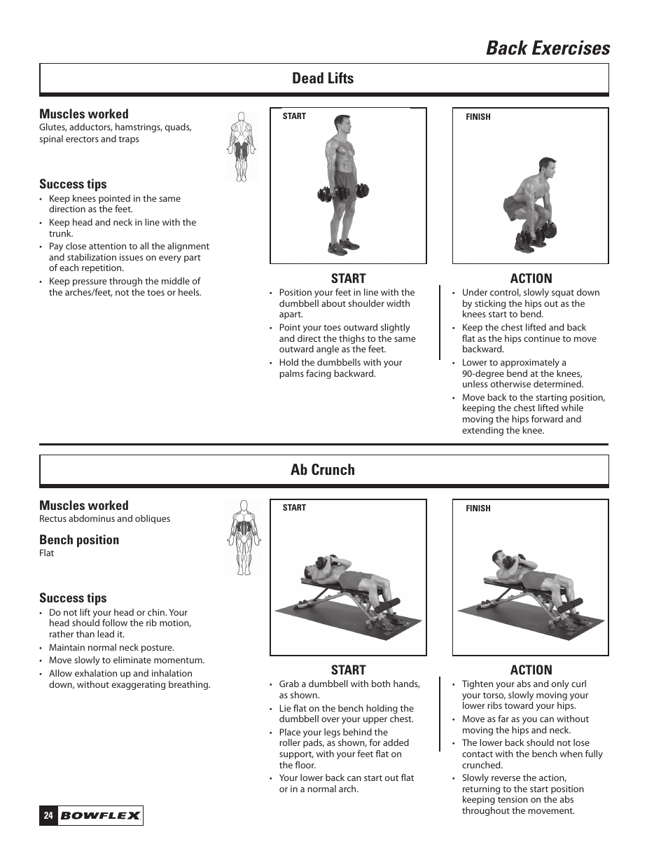 Back exercises, Dead lifts, Ab crunch | Bowflex SelectTech 220 Dumbells User Manual | Page 26 / 36