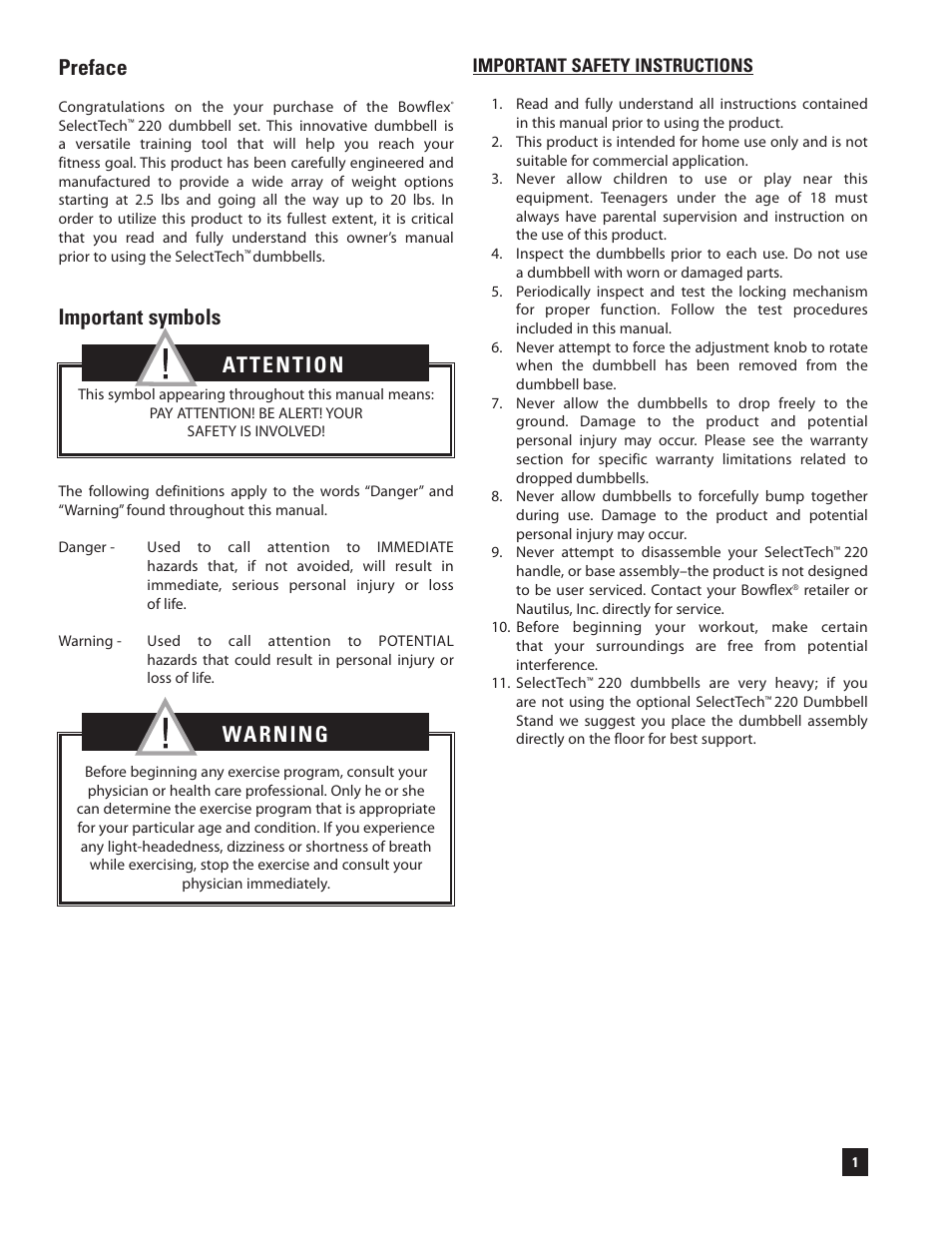 Preface, Important symbols, Important safety instructions | Bowflex SelectTech 220 Dumbells User Manual | Page 3 / 36