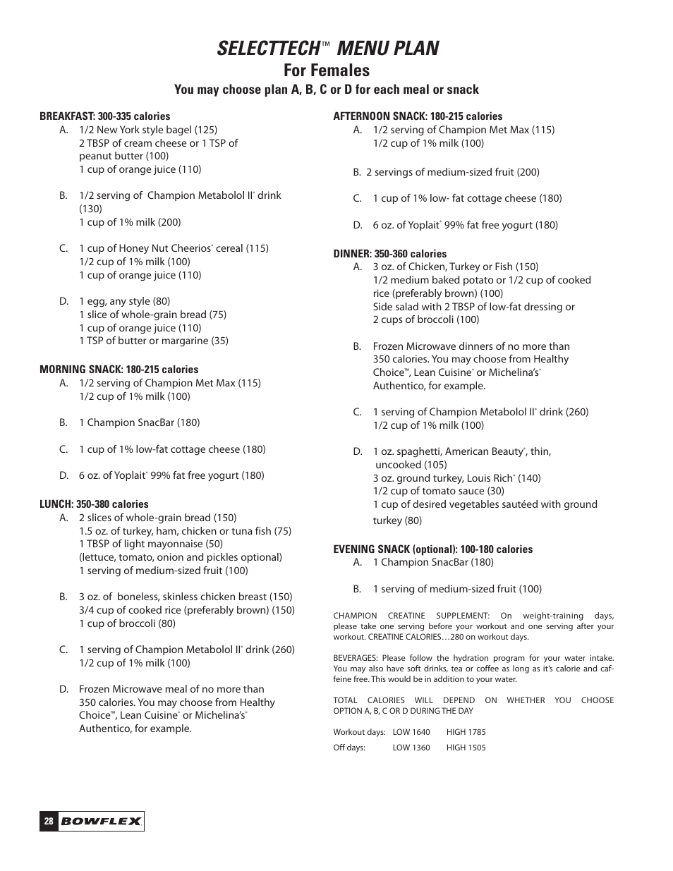 Selecttech, Menu plan, For females | Bowflex SelectTech 220 Dumbells User Manual | Page 30 / 36