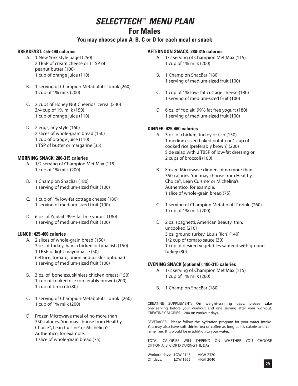 Selecttech, Menu plan, For males | Bowflex SelectTech 220 Dumbells User Manual | Page 31 / 36