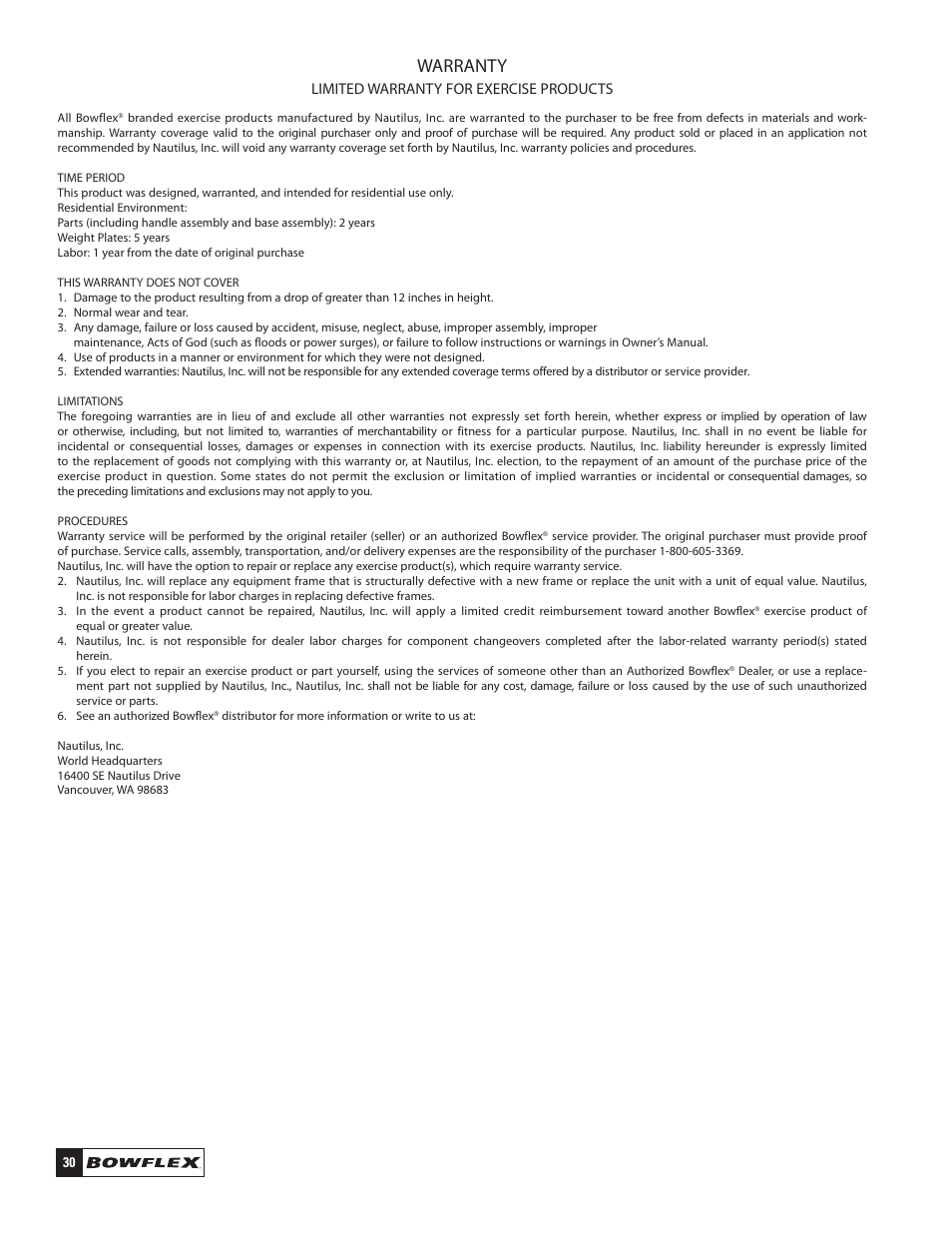 Warranty, Limited warranty for exercise products | Bowflex SelectTech 220 Dumbells User Manual | Page 32 / 36