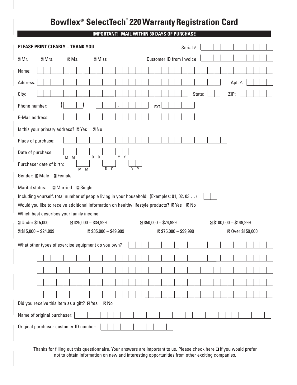Bowflex, Selecttech, Warranty | Registration card | Bowflex SelectTech 220 Dumbells User Manual | Page 33 / 36