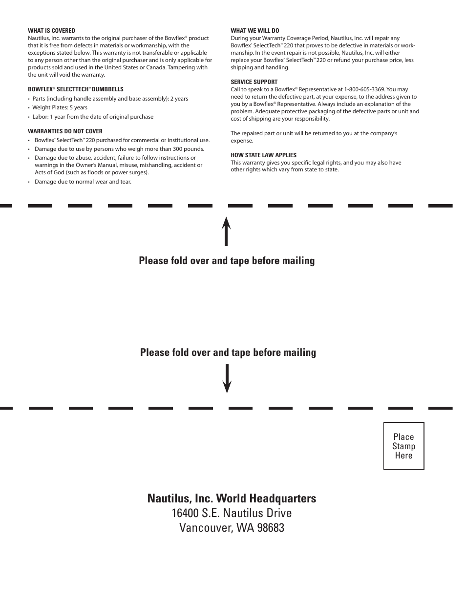 Please fold over and tape before mailing, Place stamp here | Bowflex SelectTech 220 Dumbells User Manual | Page 34 / 36