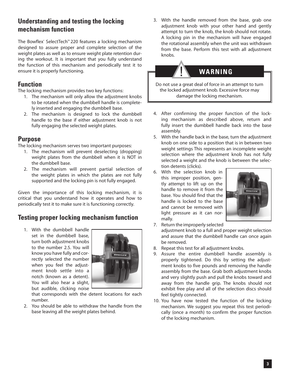 Function, Purpose, Testing proper locking mechanism function | Bowflex SelectTech 220 Dumbells User Manual | Page 5 / 36