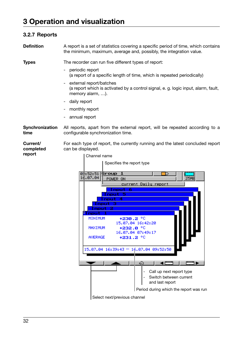7 reports, 3 operation and visualization | JUMO 706560 LOGOSCREEN es Operating Instructions User Manual | Page 32 / 64