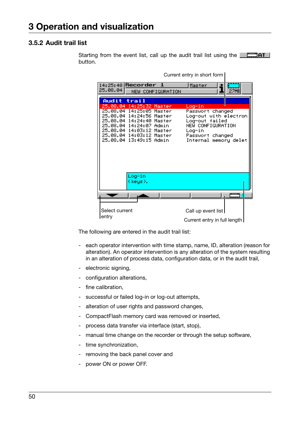 2 audit trail list, 3 operation and visualization | JUMO 706560 LOGOSCREEN es Operating Instructions User Manual | Page 50 / 64