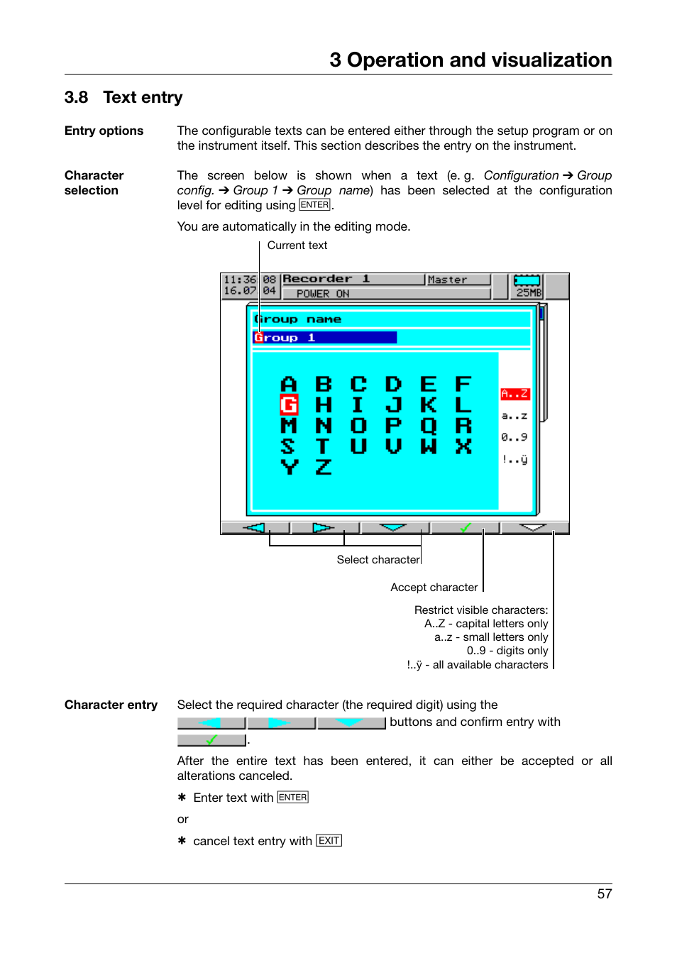 8 text entry, Text entry, 3 operation and visualization | JUMO 706560 LOGOSCREEN es Operating Instructions User Manual | Page 57 / 64