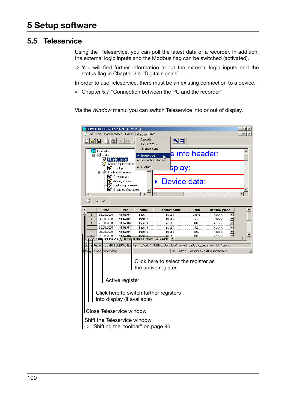 5 teleservice, Teleservice, 5 setup software | JUMO 706560 LOGOSCREEN es Operating Manual User Manual | Page 100 / 128