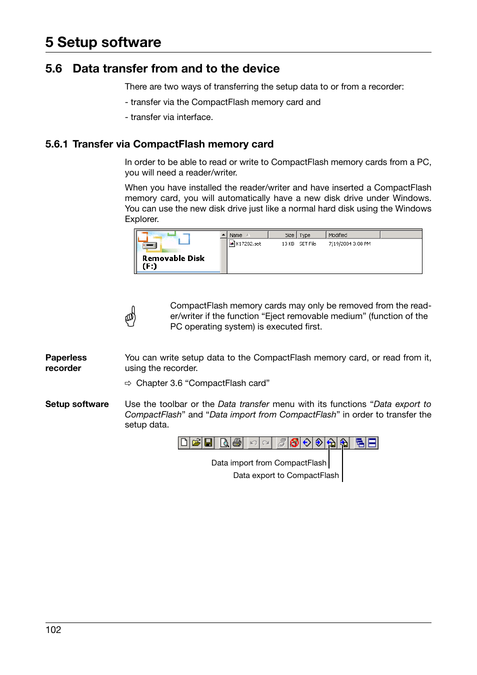 6 data transfer from and to the device, 1 transfer via compactflash memory card, Data transfer from and to the device | 5 setup software | JUMO 706560 LOGOSCREEN es Operating Manual User Manual | Page 102 / 128