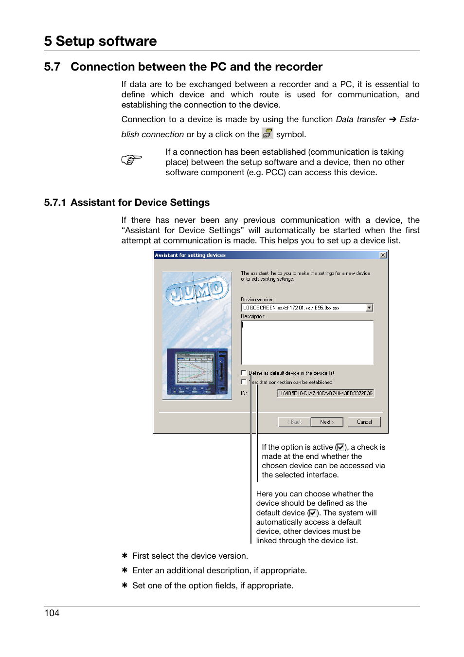7 connection between the pc and the recorder, 1 assistant for device settings, Connection between the pc and the recorder | 5 setup software | JUMO 706560 LOGOSCREEN es Operating Manual User Manual | Page 104 / 128
