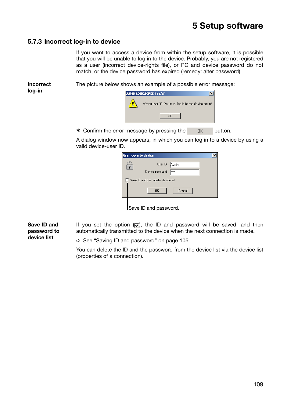 3 incorrect log-in to device, 5 setup software | JUMO 706560 LOGOSCREEN es Operating Manual User Manual | Page 109 / 128