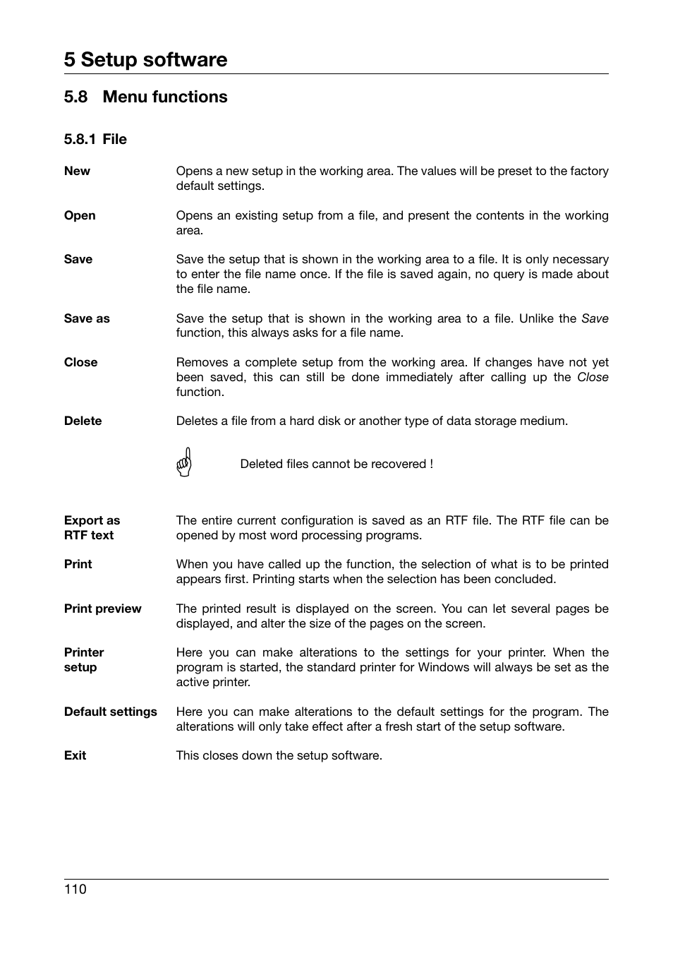 8 menu functions, 1 file, Menu functions | 5 setup software | JUMO 706560 LOGOSCREEN es Operating Manual User Manual | Page 110 / 128