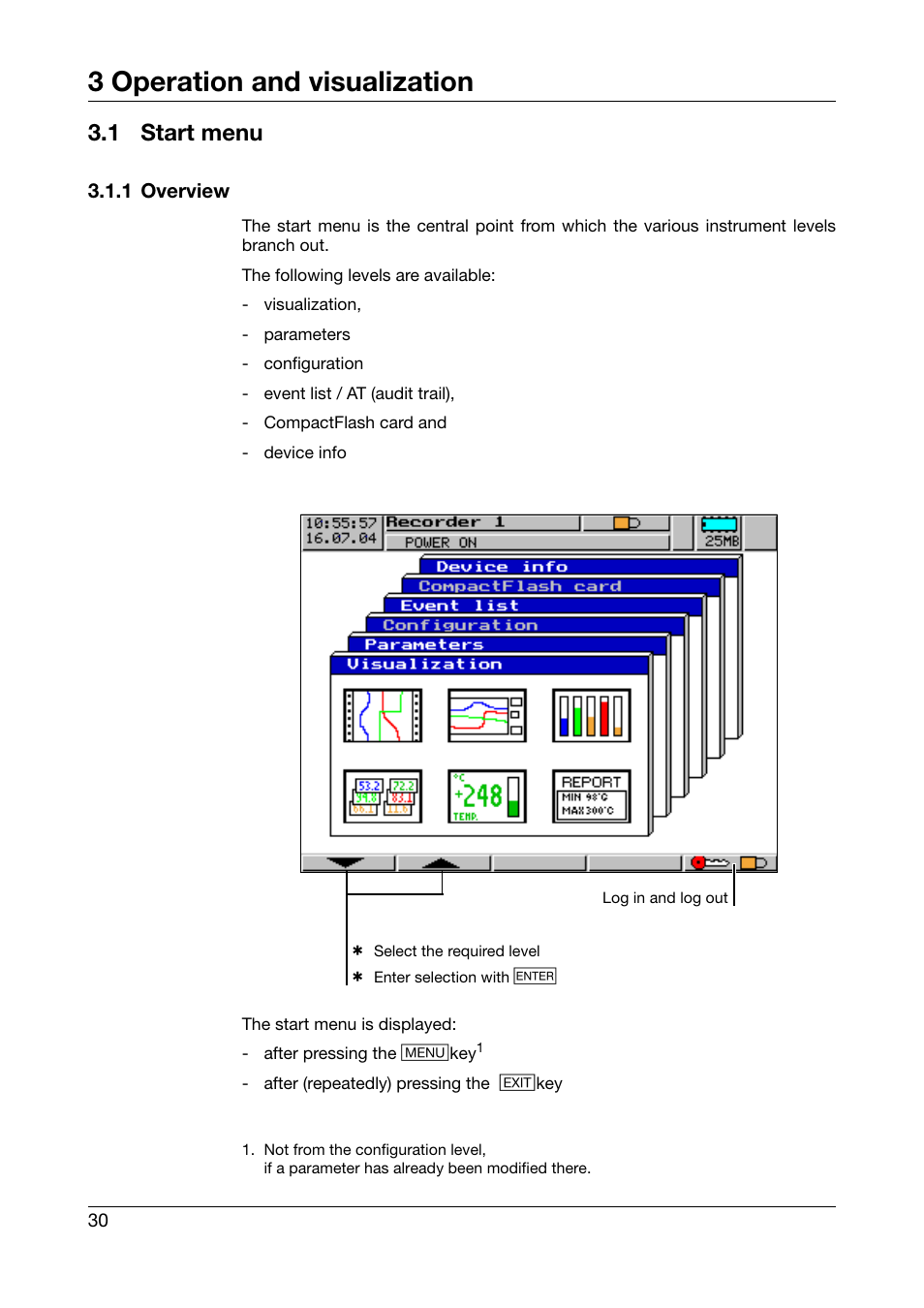 1 start menu, 1 overview, Start menu | 3 operation and visualization | JUMO 706560 LOGOSCREEN es Operating Manual User Manual | Page 30 / 128