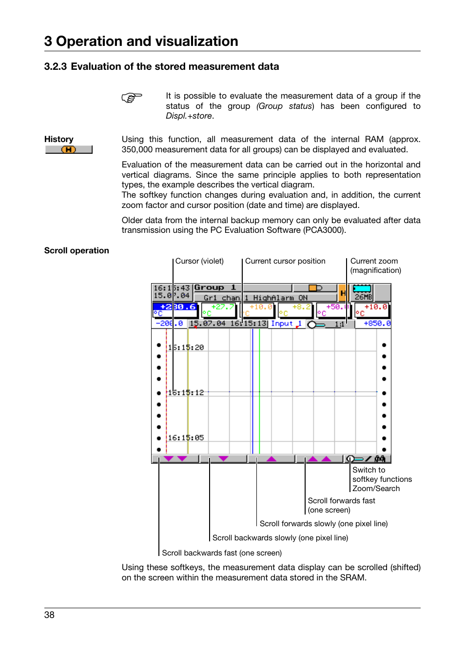 3 evaluation of the stored measurement data, 3 operation and visualization | JUMO 706560 LOGOSCREEN es Operating Manual User Manual | Page 38 / 128