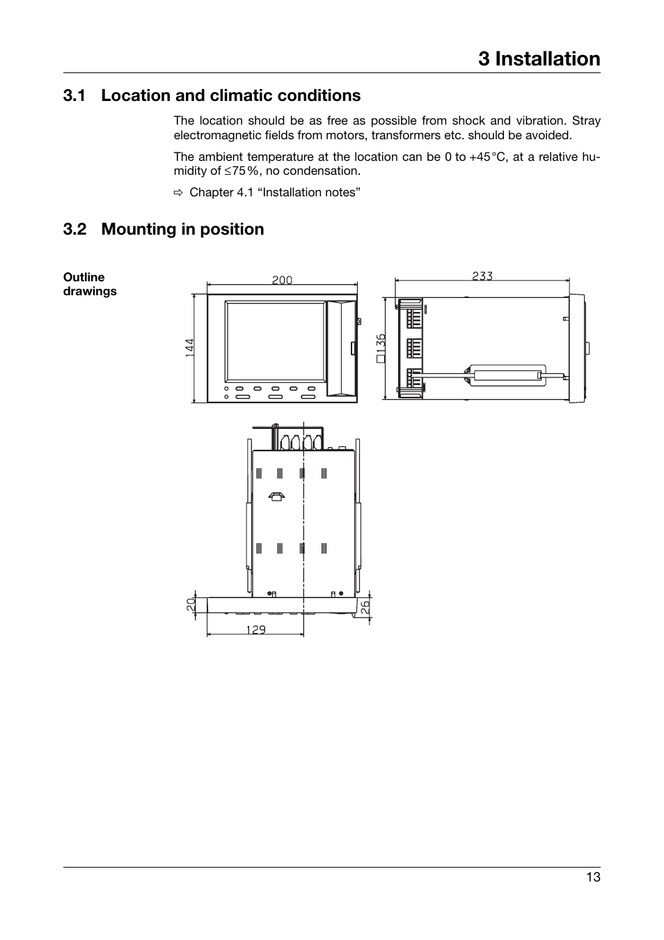 3 installation, 1 location and climatic conditions, 2 mounting in position | Installation, Location and climatic conditions, Mounting in position | JUMO 706560 LOGOSCREEN es Installation Instructions User Manual | Page 13 / 32