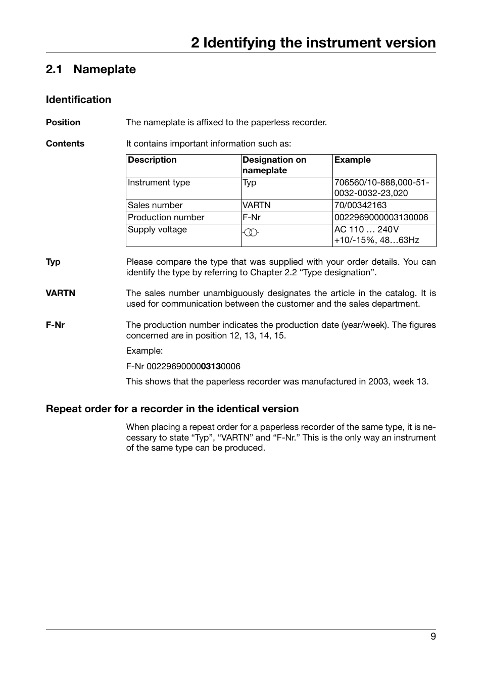 2 identifying the instrument version, 1 nameplate, Identifying the instrument version | Nameplate | JUMO 706560 LOGOSCREEN es Installation Instructions User Manual | Page 9 / 32