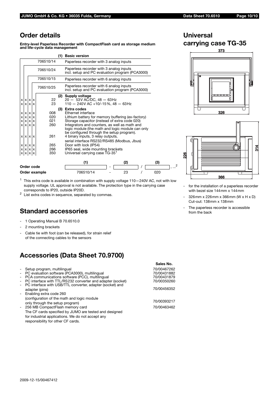 Order details standard accessories, Universal carrying case tg-35 | JUMO 706510 LOGOSCREEN 500 cf Data Sheet User Manual | Page 10 / 10